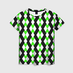 Футболка женская Зелёные и белые ромбы на чёрном фоне, цвет: 3D-принт
