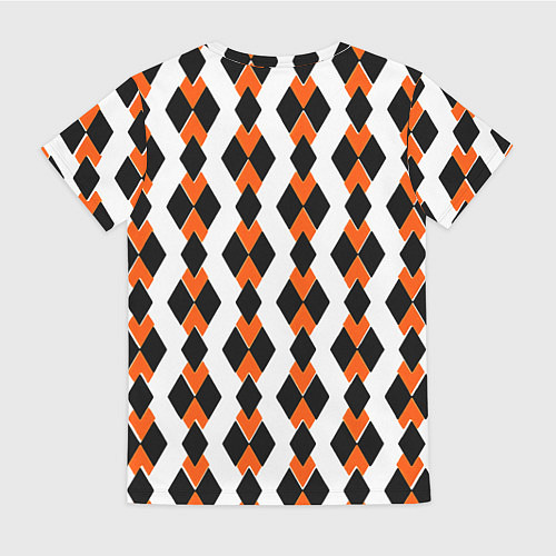 Женская футболка Чёрные и оранжевые ромбы на белом фоне / 3D-принт – фото 2