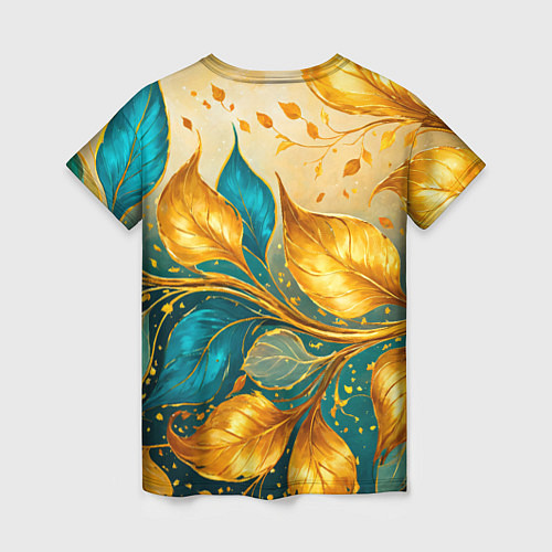 Женская футболка Листья абстрактные золото и бирюза / 3D-принт – фото 2