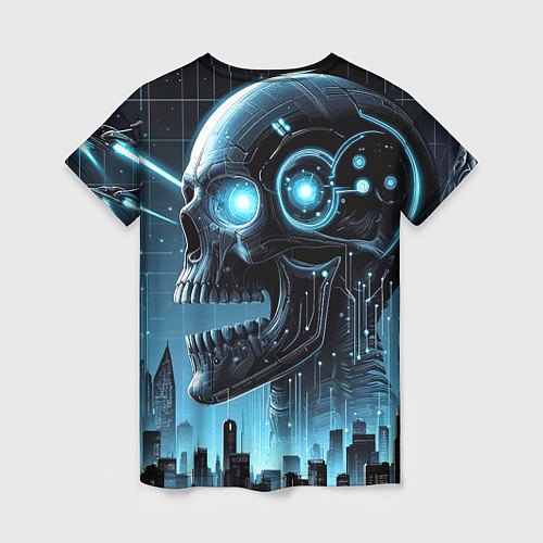 Женская футболка Cyberpunk skull - metropolis neon glow / 3D-принт – фото 2