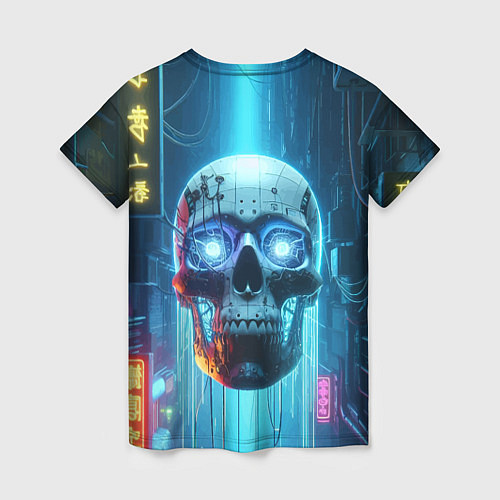 Женская футболка Cyber skull - neon glow ai art / 3D-принт – фото 2