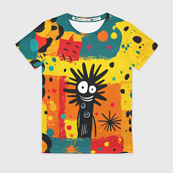 Футболка женская Красочная абстракция с черным персонажем, цвет: 3D-принт
