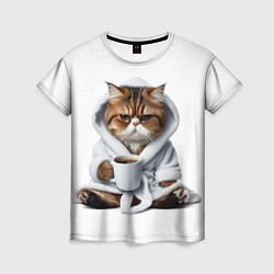 Футболка женская Котик в халате и кофе, цвет: 3D-принт
