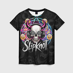 Футболка женская Slipknot на фоне черепа демона с рогами в очках, цвет: 3D-принт