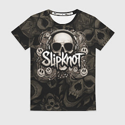 Футболка женская Slipknot на фоне черепа в очках и наушниках, цвет: 3D-принт