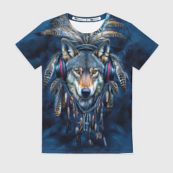 Женская футболка Волк в наушниках и перья - индейский диджей