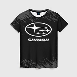 Футболка женская Subaru speed на темном фоне со следами шин, цвет: 3D-принт