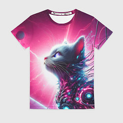 Женская футболка Космический кибер котёнок - неоновое свечение