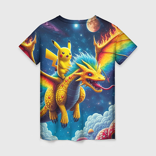 Женская футболка Pikachu on a fabulous dragon - neon glow / 3D-принт – фото 2