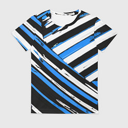 Футболка женская Бело-синие диагональные полосы на чёрном фоне, цвет: 3D-принт