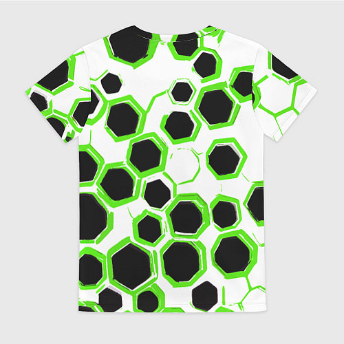 Женская футболка Чёрно-зелёные шестиугольники на белом фоне / 3D-принт – фото 2