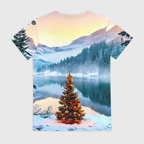 Женская футболка Новогодняя елочка на берегу озера / 3D-принт – фото 2