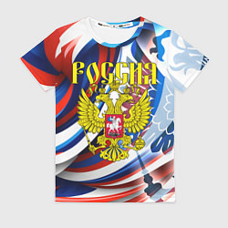 Женская футболка Герб России на фоне цветов флага