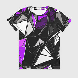 Футболка женская Фиолетово-белые рельефные треугольники на чёрном ф, цвет: 3D-принт