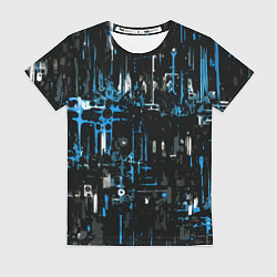 Футболка женская Бело-синяя тревожная абстракция на чёрном фоне, цвет: 3D-принт
