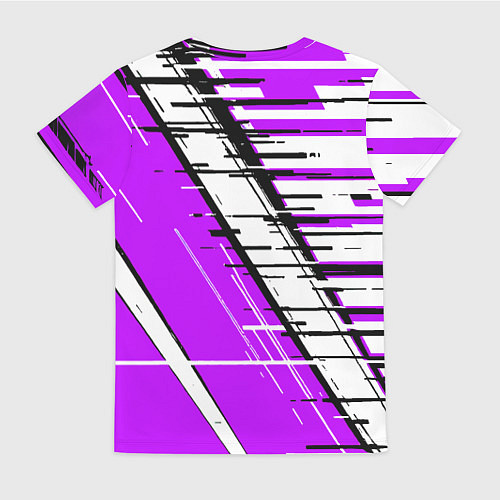 Женская футболка Чёрно-белые глитч полосы на фиолетовом фоне / 3D-принт – фото 2