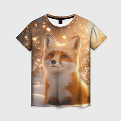 Женская футболка Рыжая лисичка в снежном лесу