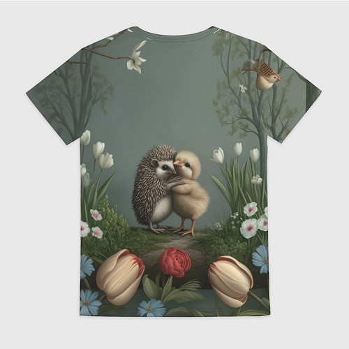 Женская футболка Ежик и цыпленок обнимаются / 3D-принт – фото 2