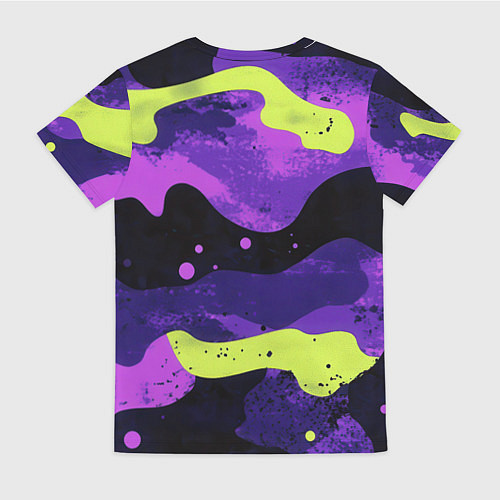 Женская футболка Черно-фиолетовый камуфляж и золотой герб РФ / 3D-принт – фото 2