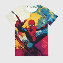 Женская футболка Человек паук висит на паутине