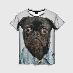 Женская футболка Мопс в джинсовке - голова групно