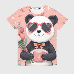 Футболка женская Панда с поздравлениями и с цветами, цвет: 3D-принт