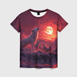 Женская футболка Белый волк воет на луну