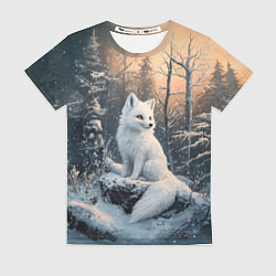 Женская футболка Белый лисенок в зимнем лесу