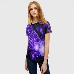 Футболка женская Силуэты цветов на темном фоне - фиолетовое свечени, цвет: 3D-принт — фото 2