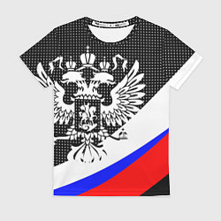 Футболка женская Герб России и государственный флаг на чёрном фоне, цвет: 3D-принт