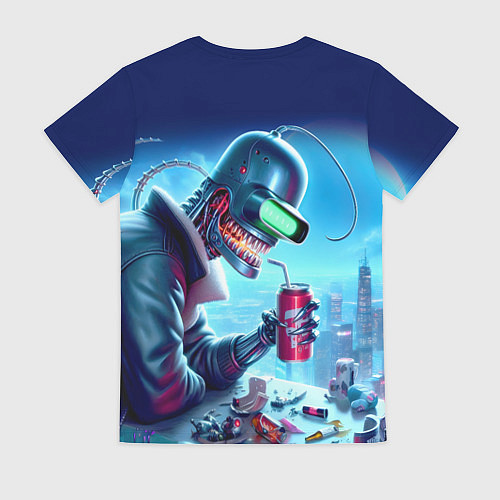 Женская футболка Кибер Бендер пьёт лимонад - неоновое свечение / 3D-принт – фото 2