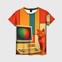 Футболка женская Кот и винтажный компьютер ретрофутуризм поп-арт 19, цвет: 3D-принт
