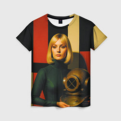 Женская футболка Девушка с водолазным шлемом ретрофутуризм поп-арт