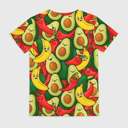 Женская футболка Авокадо, бананы, перцы чили улыбаются - паттерн фр / 3D-принт – фото 2
