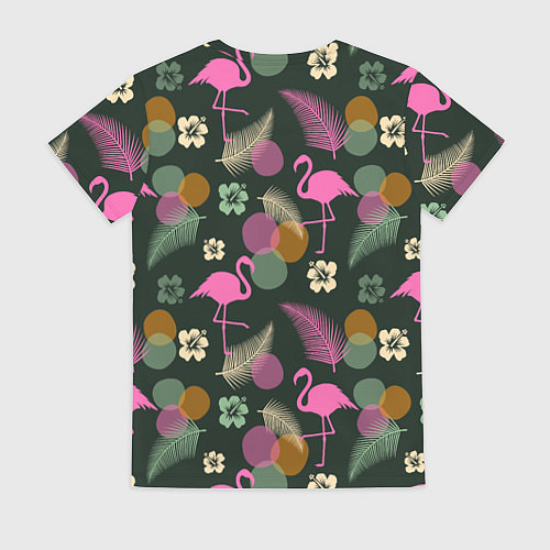 Женская футболка Фламинго и листья на темно-зеленом / 3D-принт – фото 2