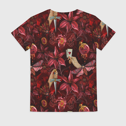 Женская футболка Бордовая готика с сердцем, лилиями и мотыльками / 3D-принт – фото 2