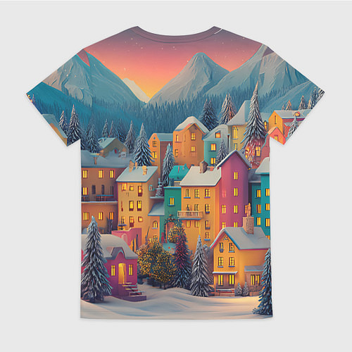 Женская футболка Новогодний город в горах / 3D-принт – фото 2
