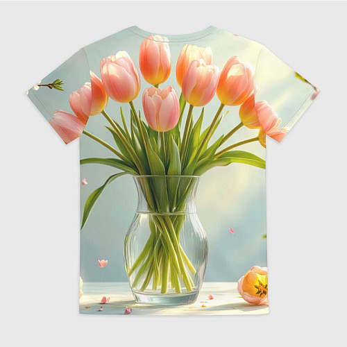 Женская футболка Нежно-розовые тюльпаны в лучах весны / 3D-принт – фото 2