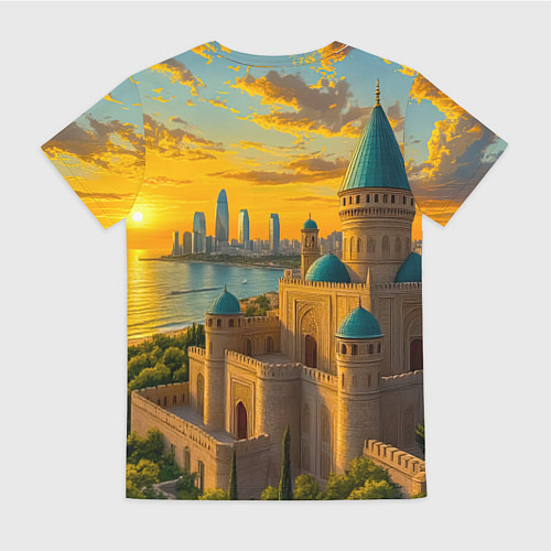 Женская футболка Баку сплетение эпох на закате / 3D-принт – фото 2