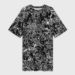 Футболка женская длинная Монстры черно-белый паттерн, цвет: 3D-принт