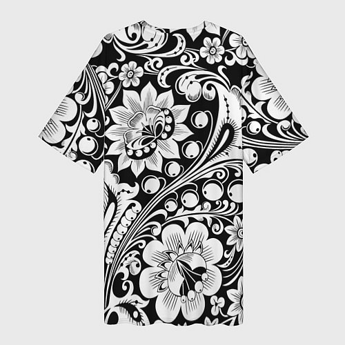 Женская длинная футболка Хохлома черно-белая / 3D-принт – фото 2