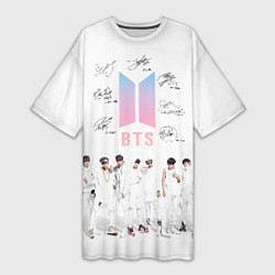 Футболка женская длинная BTS белый постер, цвет: 3D-принт
