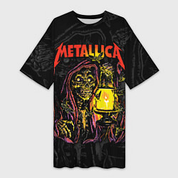 Футболка женская длинная Metallica скеленон со свечкой, цвет: 3D-принт