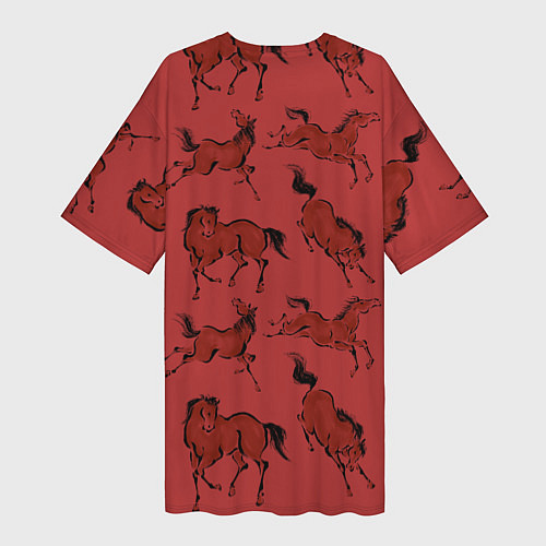Женская длинная футболка Красные кони / 3D-принт – фото 2