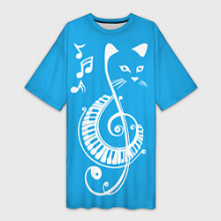 Женская длинная футболка Котик Меломан голубой