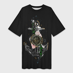 Женская длинная футболка Якорь с компасом и цветами