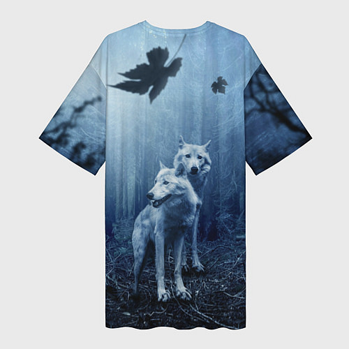 Женская длинная футболка Волки в тёмном лесу / 3D-принт – фото 2