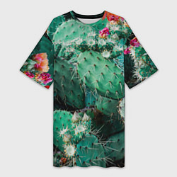 Женская длинная футболка Кактусы с цветами реализм