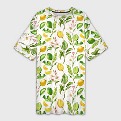 Женская длинная футболка Летний узор лимон ветки листья