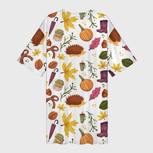 Женская длинная футболка Уют, ежи, листья и банка варенья / 3D-принт – фото 2